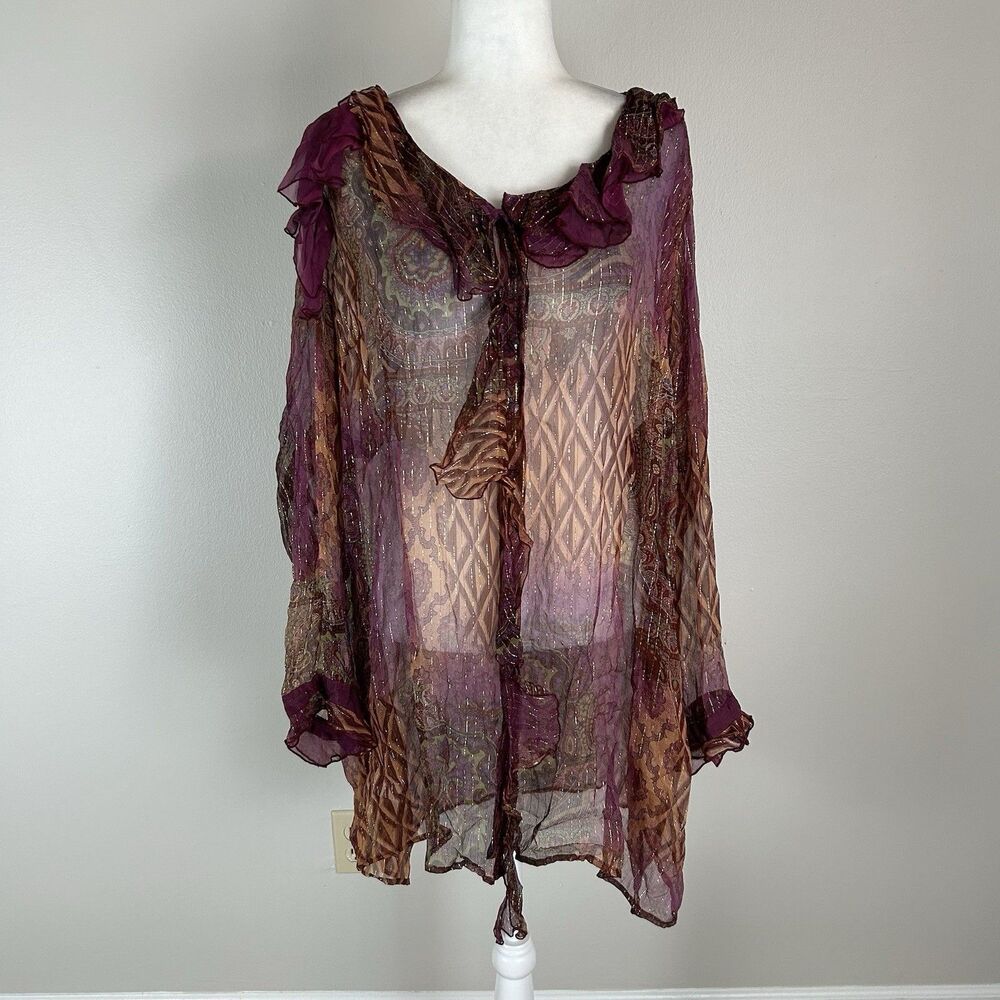 Alain Weiz XL Silk Blouse Top Tunic Ruffle Neck Floral Fairy Sheer Wearable Art